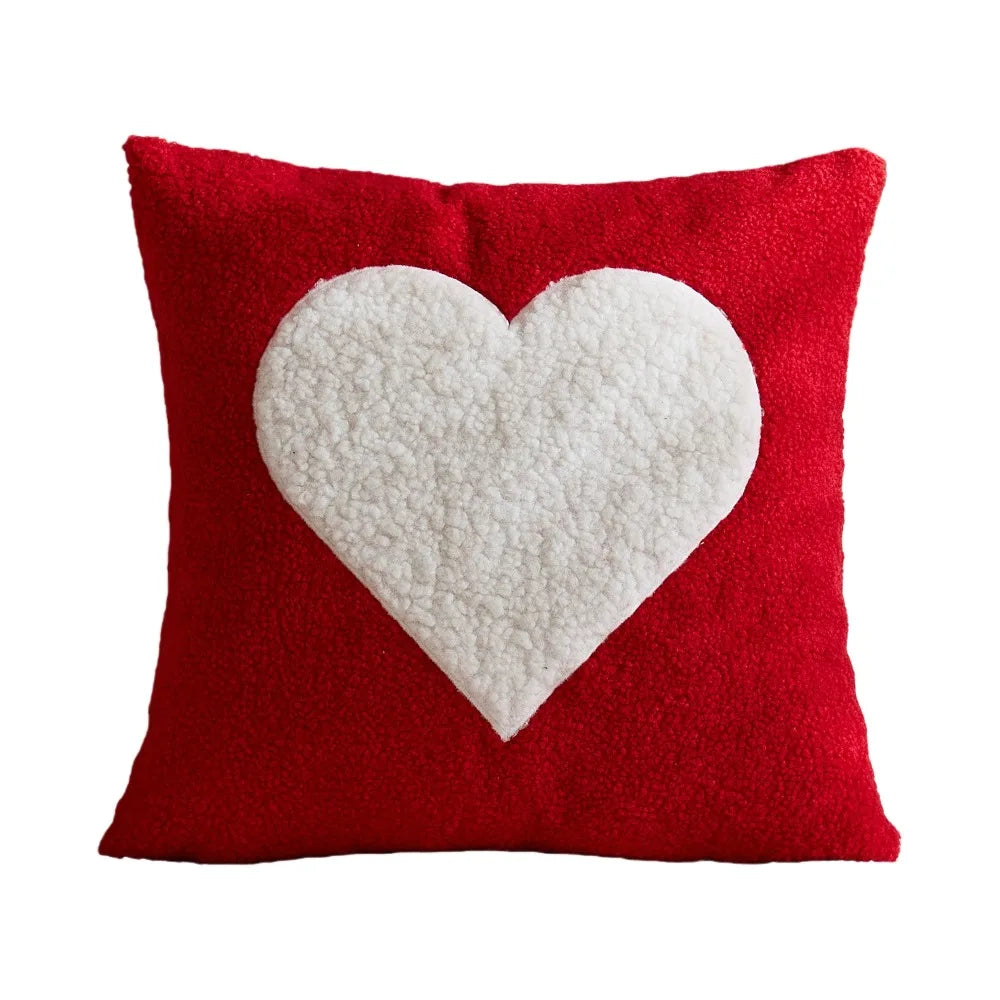 Heart Pattern Embroidered Throw Pillow Cover 45cm – Red & White
