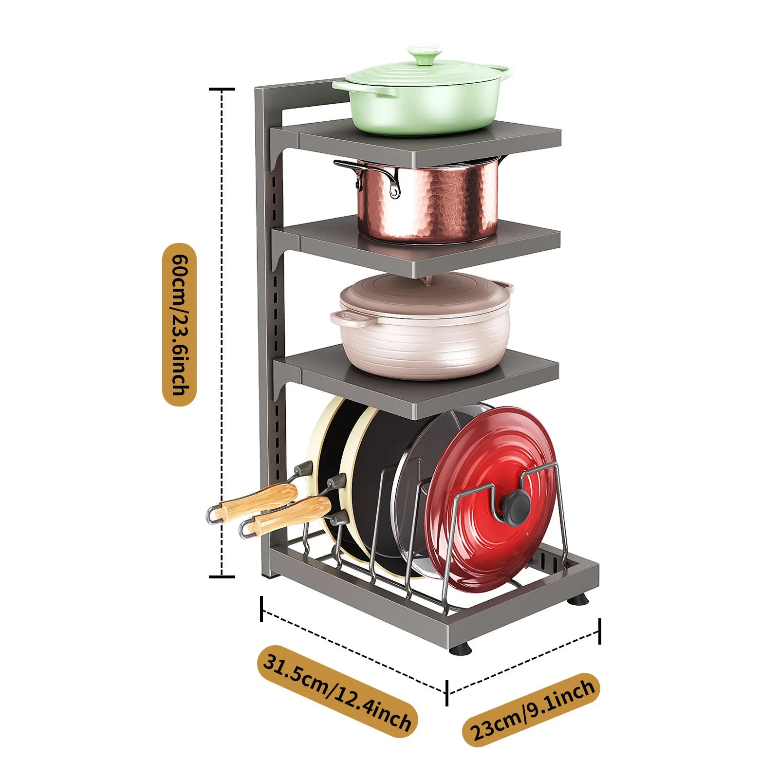 pot storage rack, cabinet countertop, layered vegetable preparation, pot lid rack, adjustable household multi-layer kitchen Oasis Select Gray four layers