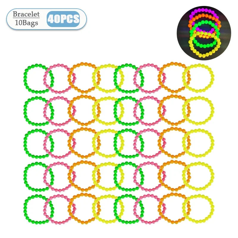 4-40PCS Connected Beads Necklace Neon Costume Accessory Set Bracelets Necklaces Photo Props Party Dress Up Bead Multicoloured Oasis Select Bracelet-40PCS