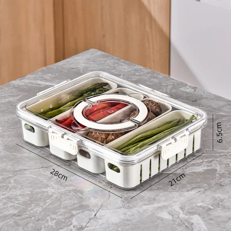 Divided Rotating Serving Tray with Lid and Handle, Portable Snackle Box for Fruits Snacks Veggie Charcuterie, Clear Snack Spinne Oasis Select