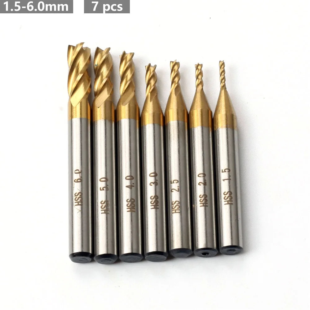 7Pcs/11Pcs Milling Cutters 4-Flute Titanium Coated HSS End Mill Set 1.5-10mm CNC Router Bit For Wood Steel Milling Oasis Select