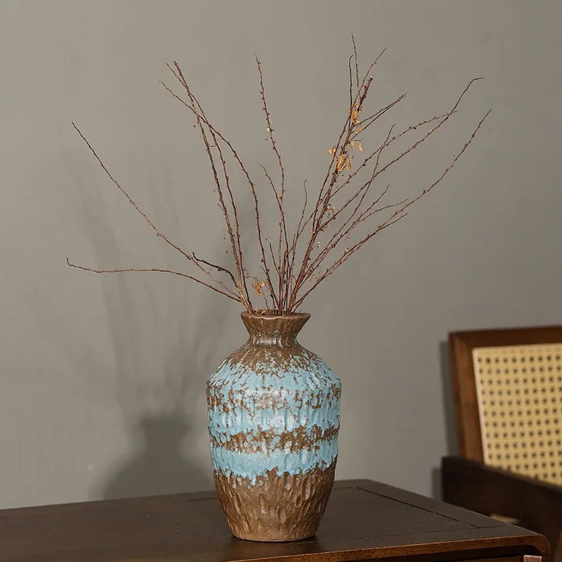 European Style Retro Style Ceramic Vase Living Room Advanced Sense Coarse Clay Pot Simple Dried Flower Arrangement Decoration Oasis Select