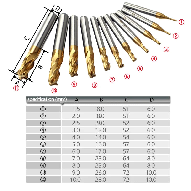 4 Flute Mill HSS Titanium End Mill Set 7/11 Pieces 1.5-1.0 mm CNC Milling Cutter for Wood Metal Steel Milling Oasis Select
