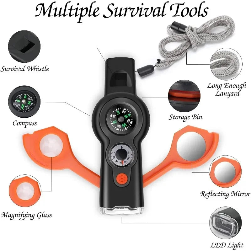 7in1 Emergency Survival Function Whistle Outdoor Multifunctional Survival Whistle with Lanyard Compass Flashlight Camping Hike Oasis Select