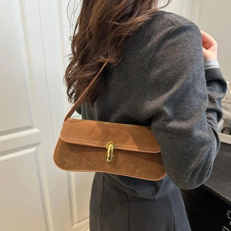 Minimalist Faux Suede Armpit Bag – Slim Shoulder Handbag