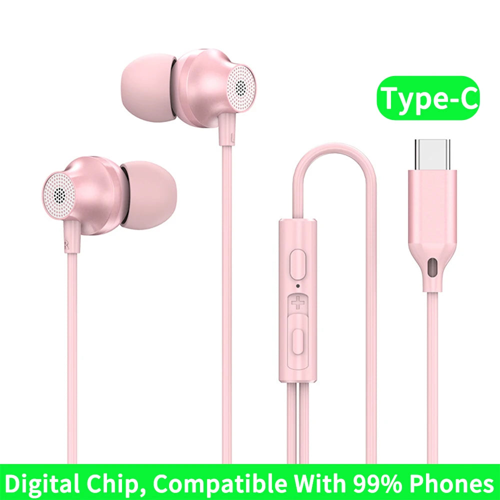Digital Chip Wired Earphone 3.5mm AUX/Type C 9D HiFi Surround Heavy Bass In-Ear Headsets For Samsung Huawei Xiaomi OPPO iPad PC Oasis Select Type-C Pink