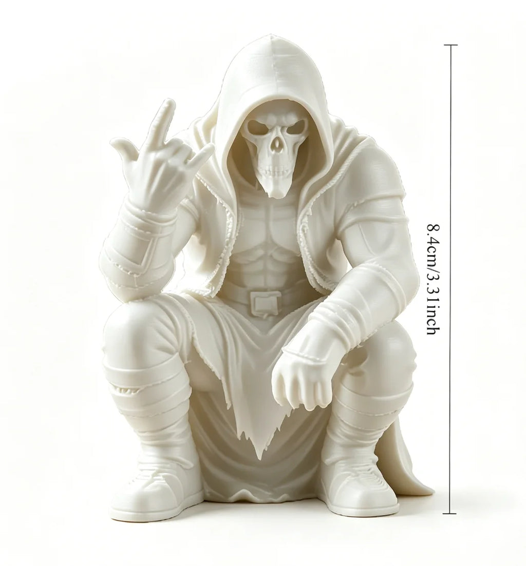 Creativity Hooded Skull Figurine Ornaments Squatting Gothic Grim Reaper Statue Handicraft Desktop Ornament for Home Office Decor Oasis Select Hood white