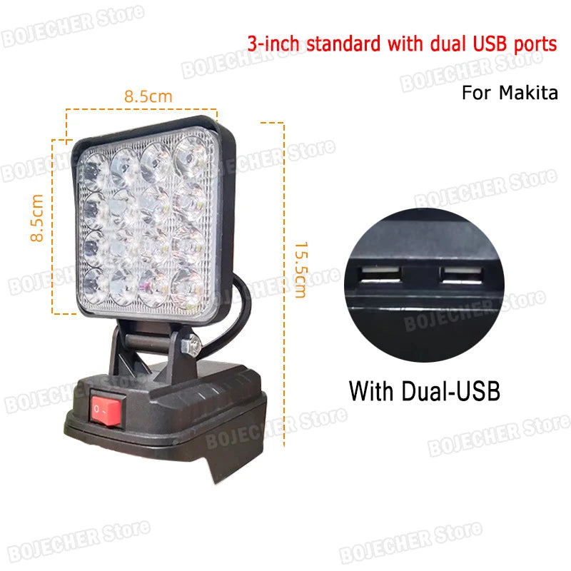 LED Working Light For Makita 18V Lithium Battery Cordless Outdoor Flashlight Camping Lamp Emergency Lighting Power Tools Parts Oasis Select Black