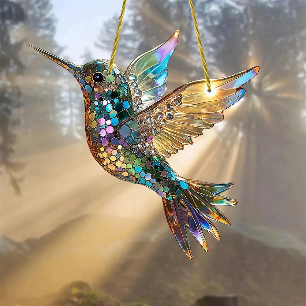 NEW Acrylic Painted Hummingbird Pendant Bird Floral Pattern Suncatcher Round Wreath Porch Window Outdoor Patio Hanging Ornaments Oasis Select 03