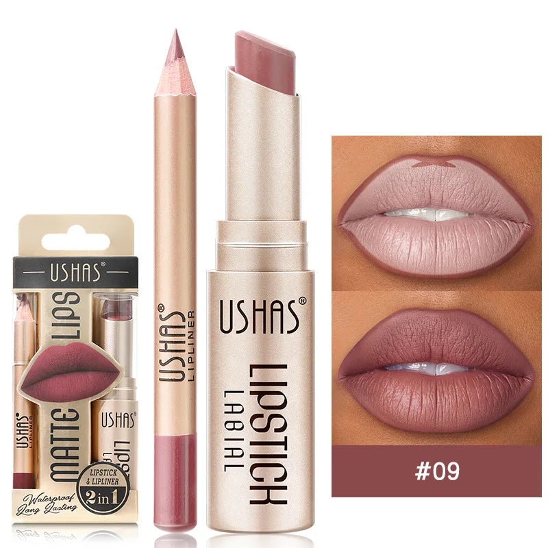 USHAS 12-Color Matte Lipstick & Lip Liner Set – Long-Lasting