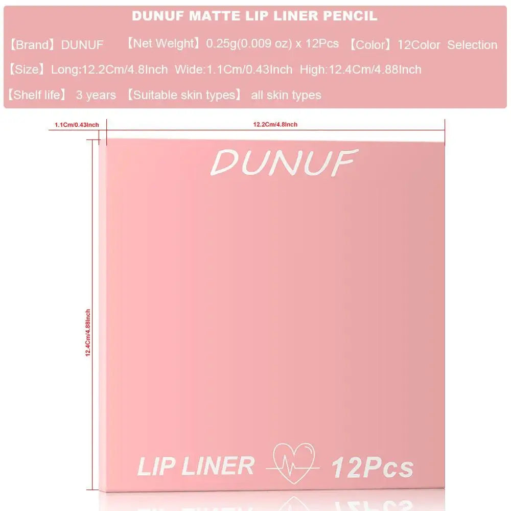 DUNUF 12-Color Matte Lip Liner Set – Waterproof & Long-Lasting