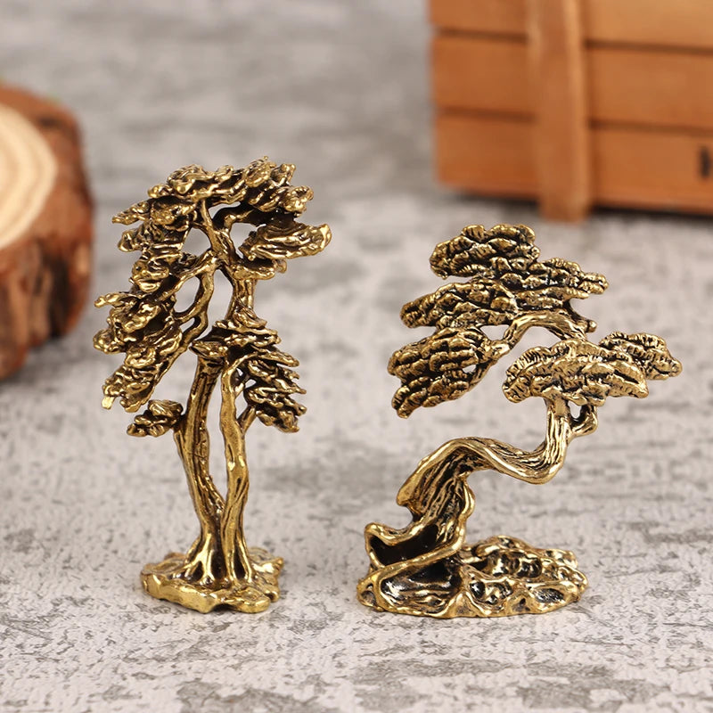 1Pc Brass Mini Welcome Pine Figurine Tree Miniature Landscape Small Bonsai Tree Statues Garden Decorations Accessories Oasis Select