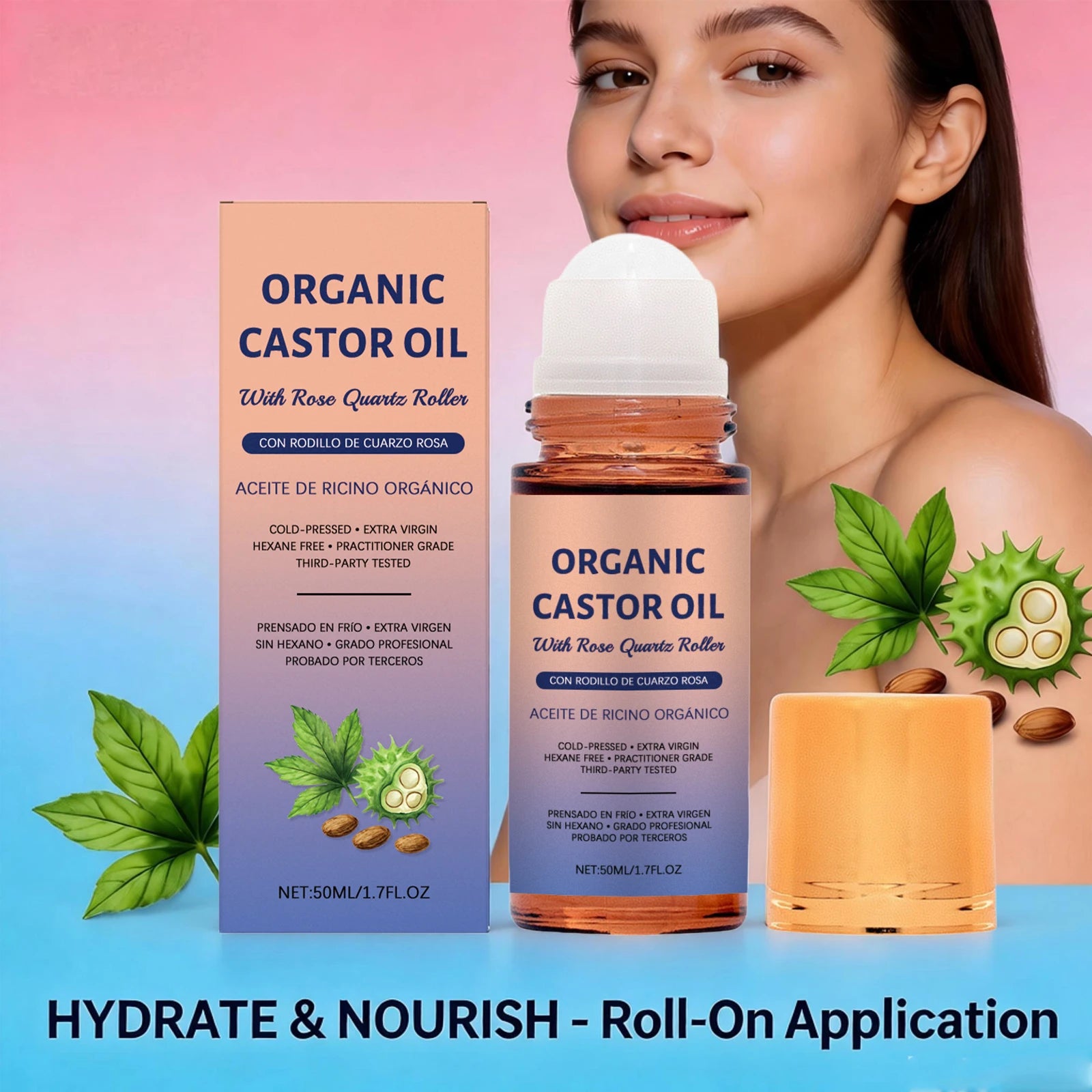 Organic Castor Oil Roller Cold Pressed Unrefined Essential Oil for Hair Eyelash Nail Growth Moisturize Skin Hair Massage Oil Oasis Select