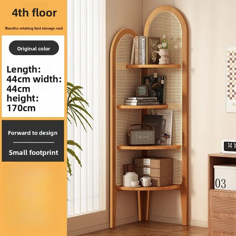 Chinese retro rattan corner decoration shelf, living room sofa wall edge book cabinet, bedroom solid wood triple crutch screen Oasis Select primary color