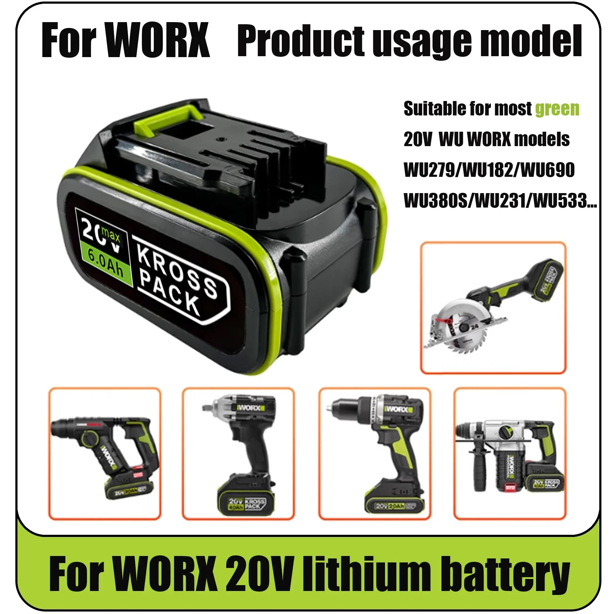 20V 6.0Ah/8.0Ah/18.0Ah Replacement Battery for WORX Series Power Tools Compatible with WA3016 WA3023 WA3054 WA3027 Oasis Select