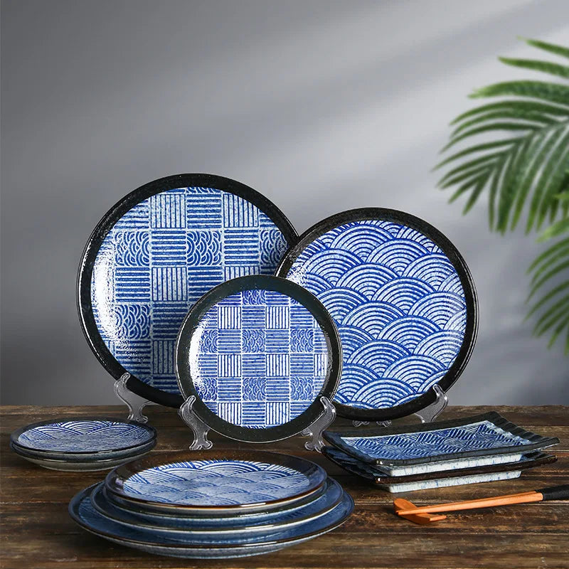 Japanese Blue And White Wave Pattern Tableware Ceramic Dinner Plate Household Flat Plate Sushi Plate Breakfast Plate Oasis Select