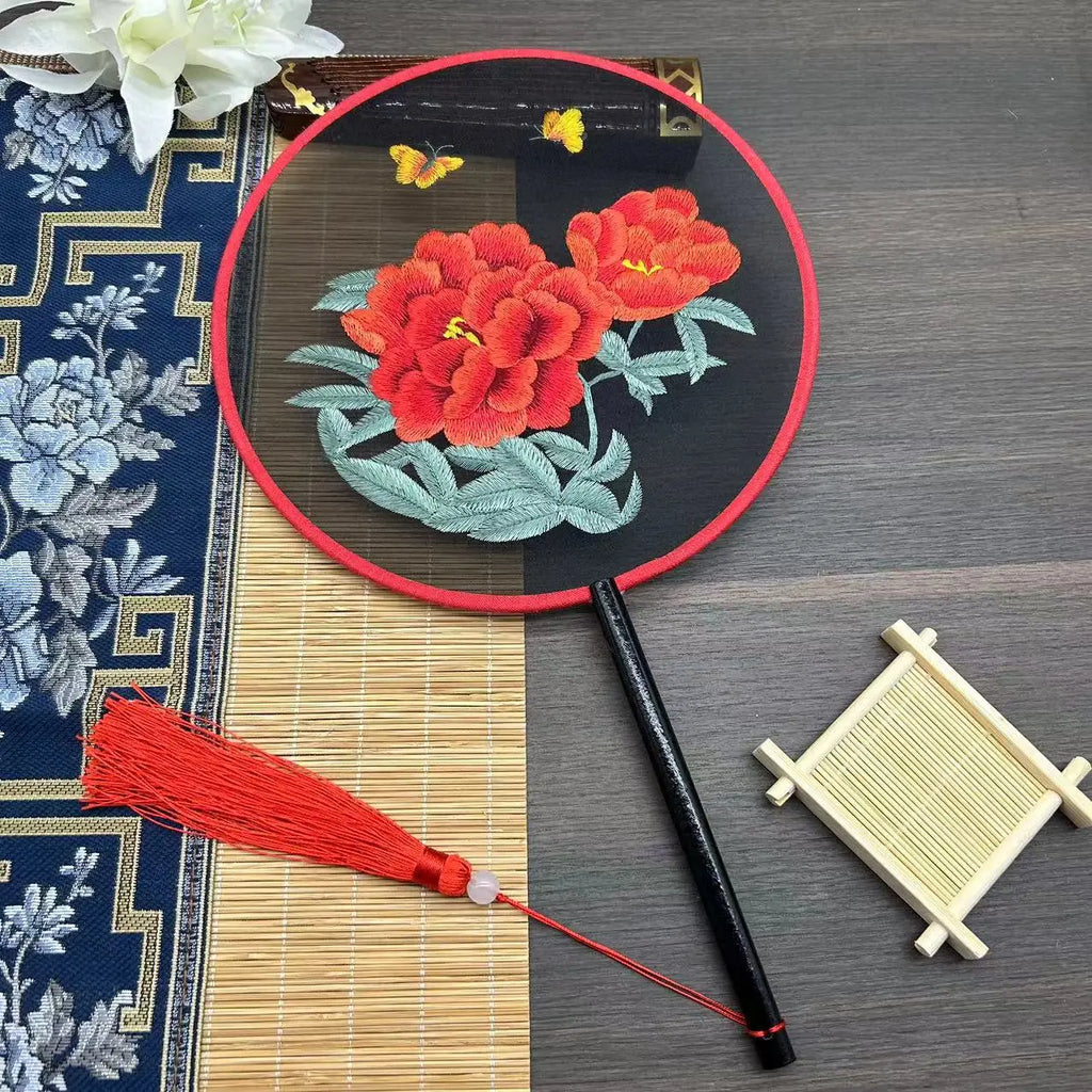 Chinese Style Classical Embroidery Group Fan Gifts Cheongsam Catwalk Photo Props Stage Performance Show Dance Party Round Fan Oasis Select Black Red Peo