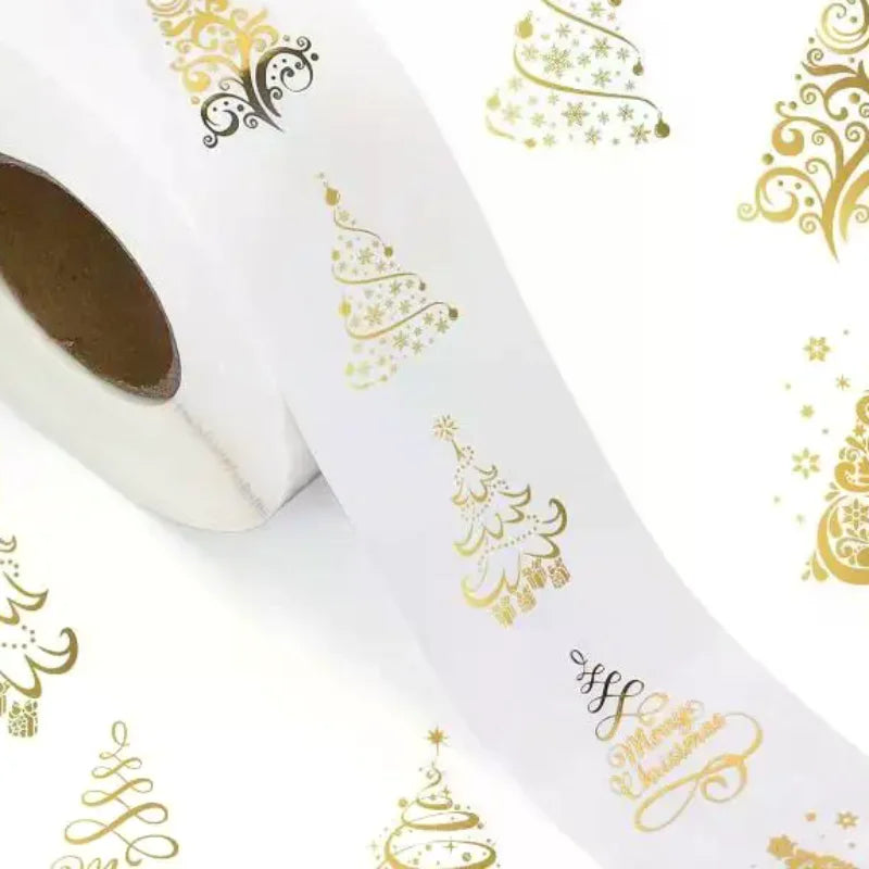 Golden Foil Christmas Stickers 500pcs, Transparent Xmas Tree Sealing Labels for Invitations Cards Gifts Envelopes Decoration Oasis Select