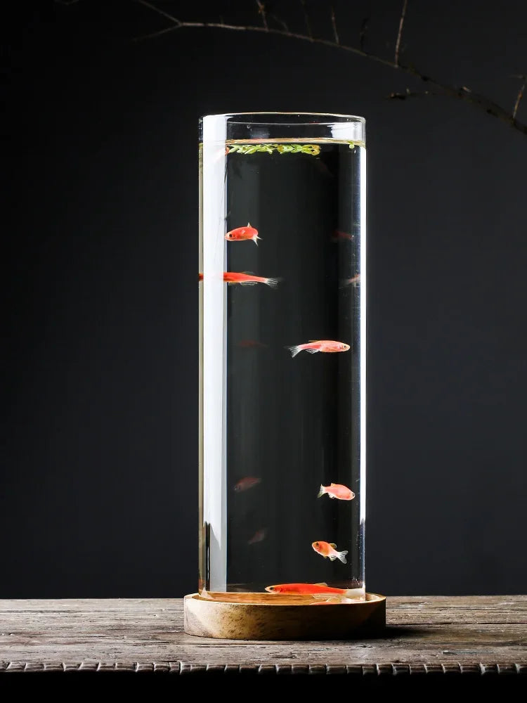 2L Micro Landscape Teahouse Tabletop Fish Tank Viewing Cylindrical Household Mini Miniature Glass Fish Tank Oasis Select