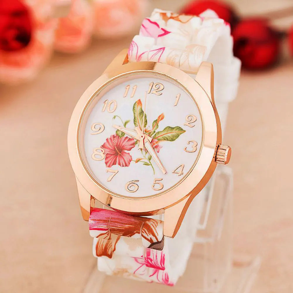 Women's Floral Dial Quartz Watch – Elegant Silicone Wristwatch