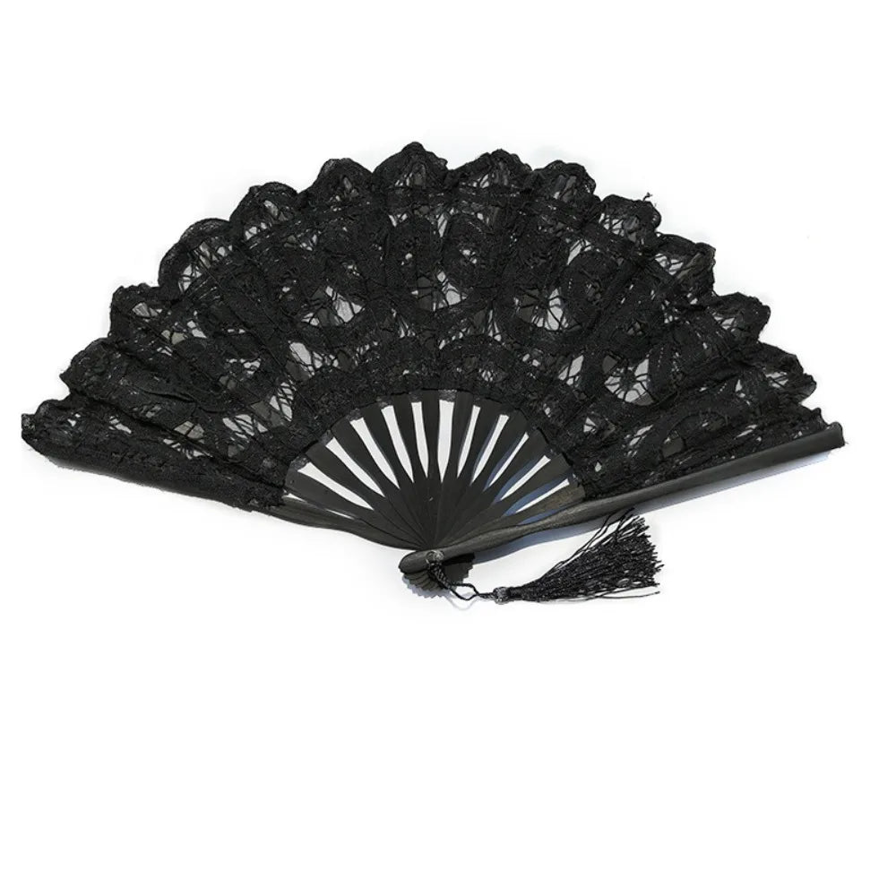 Bamboo Lace Folding Hand Fan with Tassel – Vintage Style