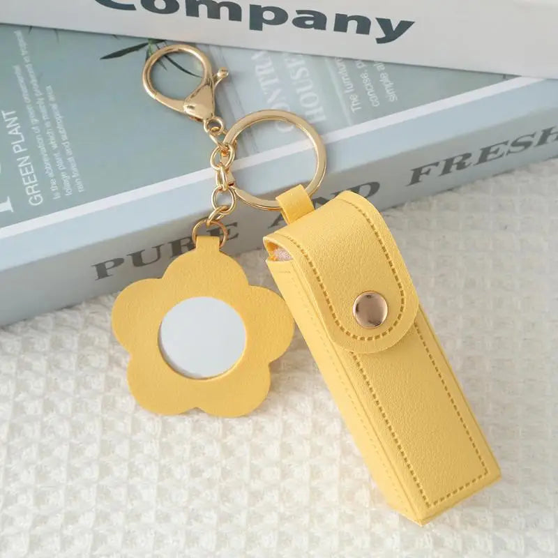 PU Leather Lipstick Holder Keychain with Flower Mirror
