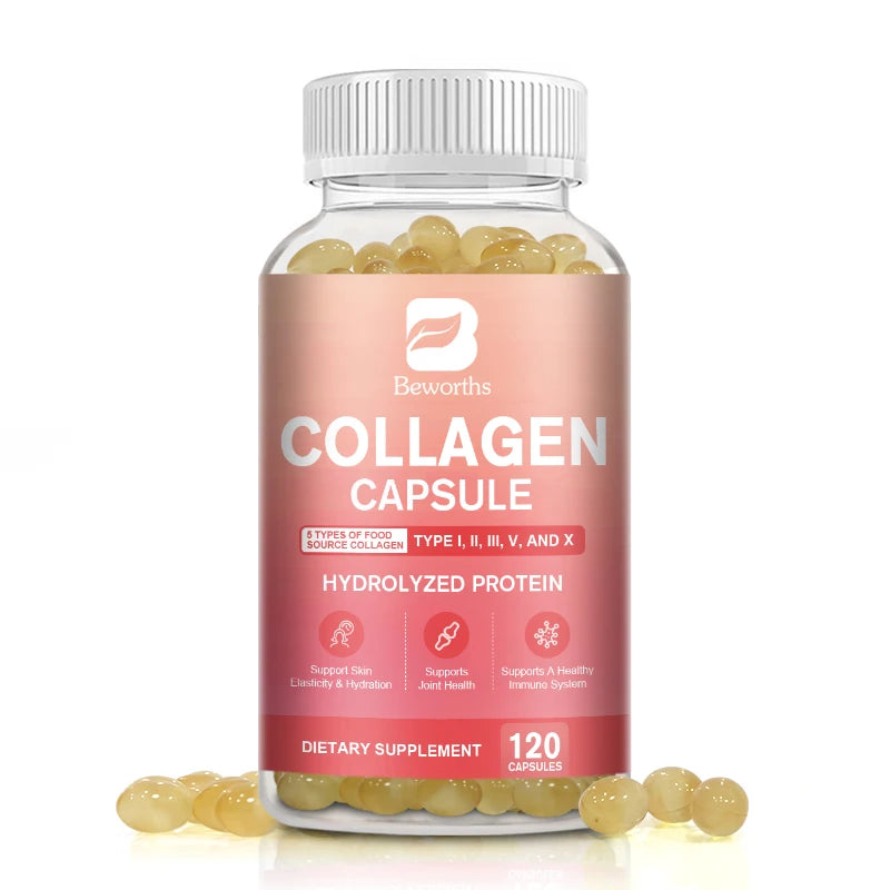 BEWORTHS Collagen Capsules Type I, II, III, V & X Hydrolyzes Protein Collagen Peptides Immune System and Skin, Joint Health Oasis Select 120pcs 3bottles United States