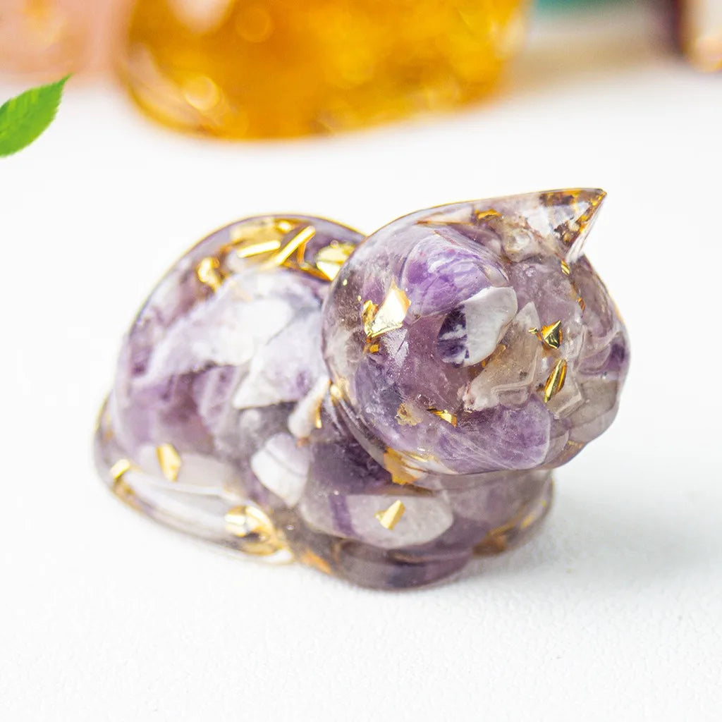 Crystal Chip Epoxy Lying Cat Figurine | Desk Decor & Gift