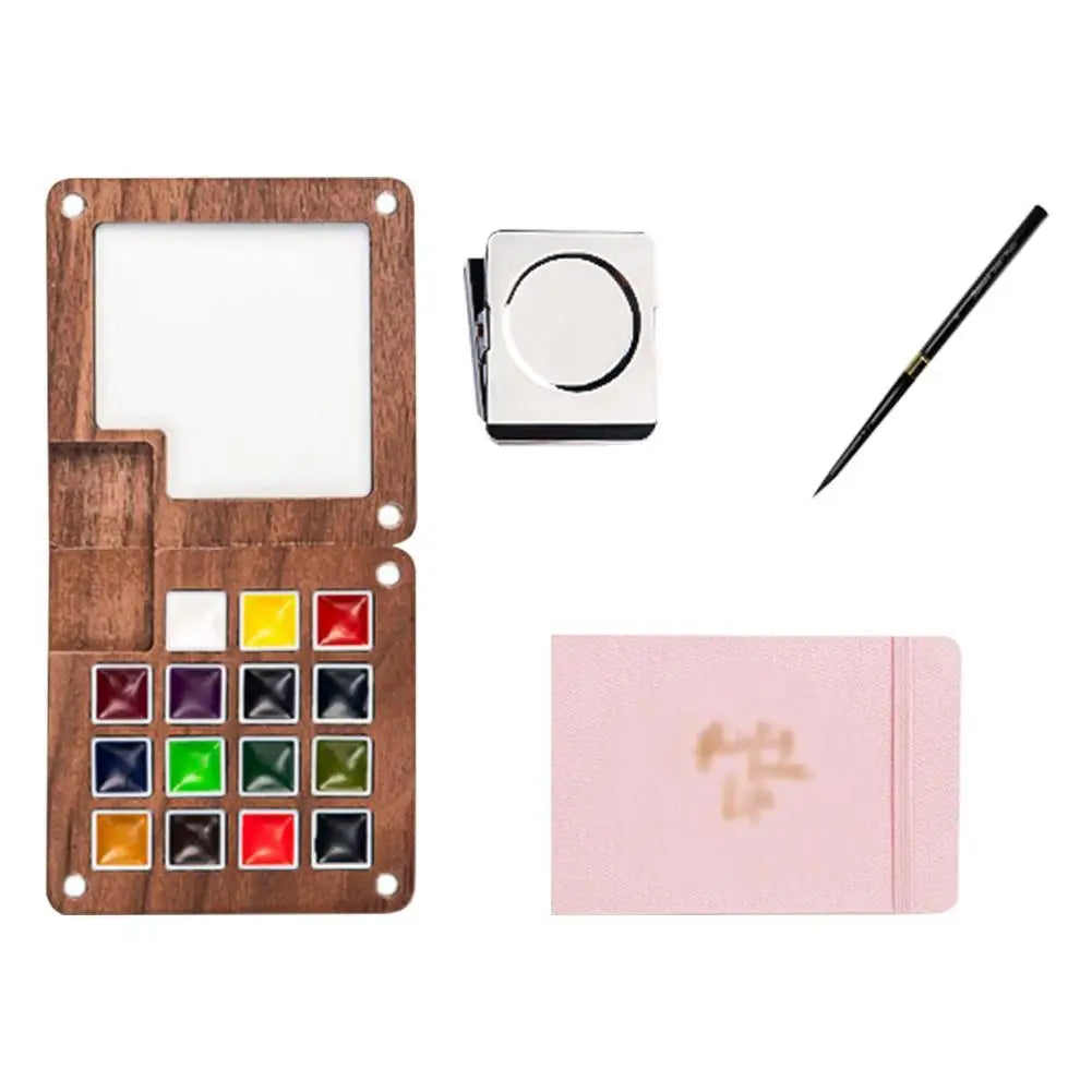 Travel Watercolor Palette Set – Wooden Paintbox & Sketchbook