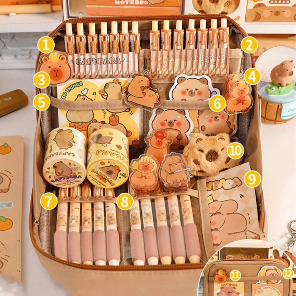 Capybara Stationery Set Portable Stationary Bag Cute Pencil Case with Pens Clips Rulers and More Wide Opening Pencil Organizer Oasis Select