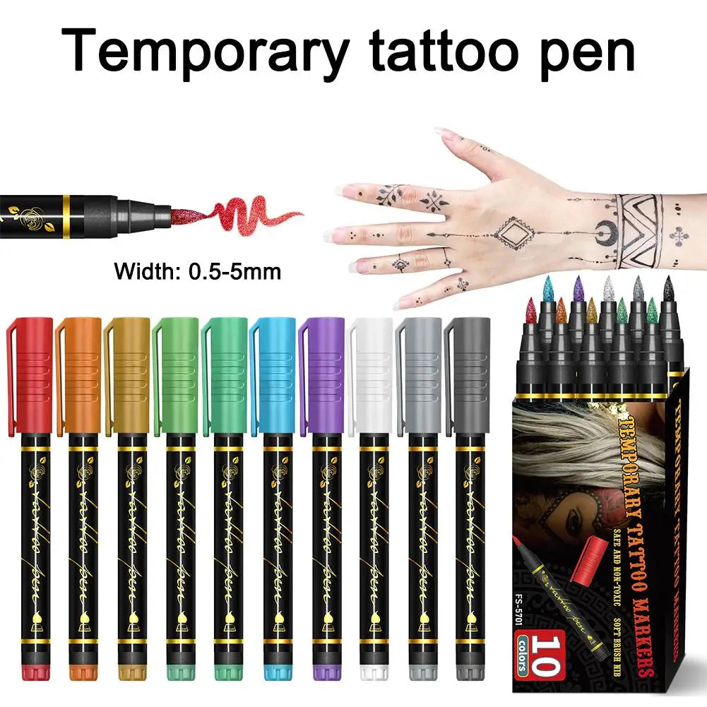 Temporary Tattoo Markers For Skin,Dual-End 10 Colors Tattoo Pens,Brush Tip Bright Colors,Face Paint Body Marker Halloween Makeup Oasis Select