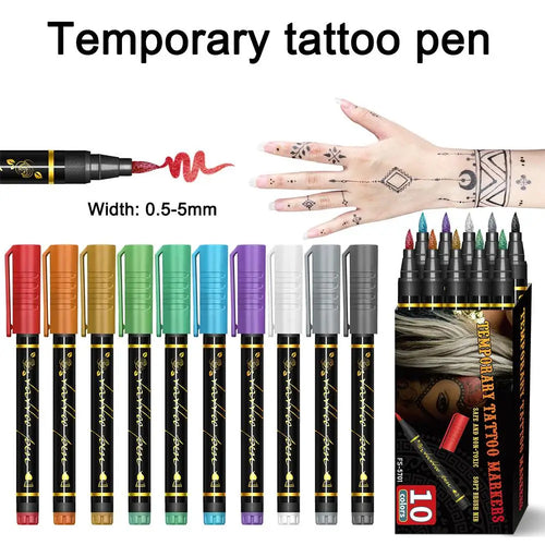 Temporary Tattoo Markers For Skin,Dual-End 10 Colors Tattoo Pens,Brush Tip Bright Colors,Face Paint Body Marker Halloween Makeup Oasis Select