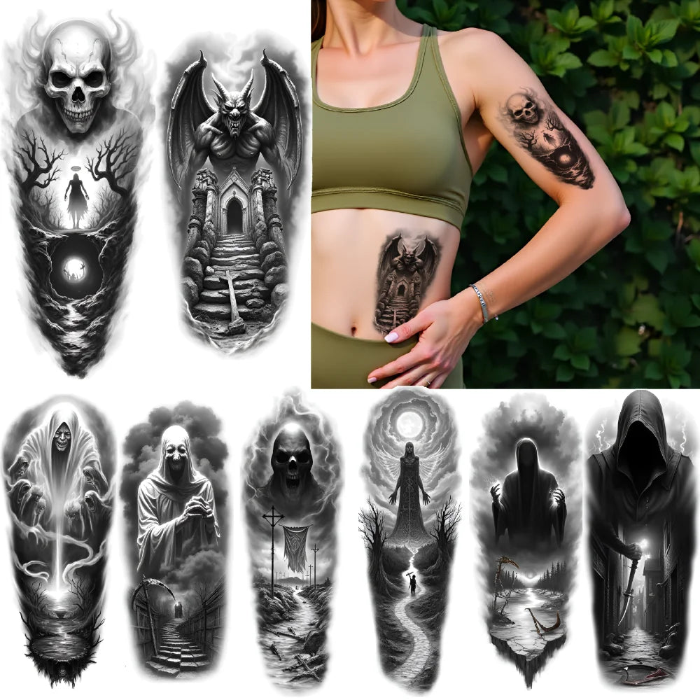 3-Pack Skull & Grim Reaper Temporary Tattoos – Black & Grey
