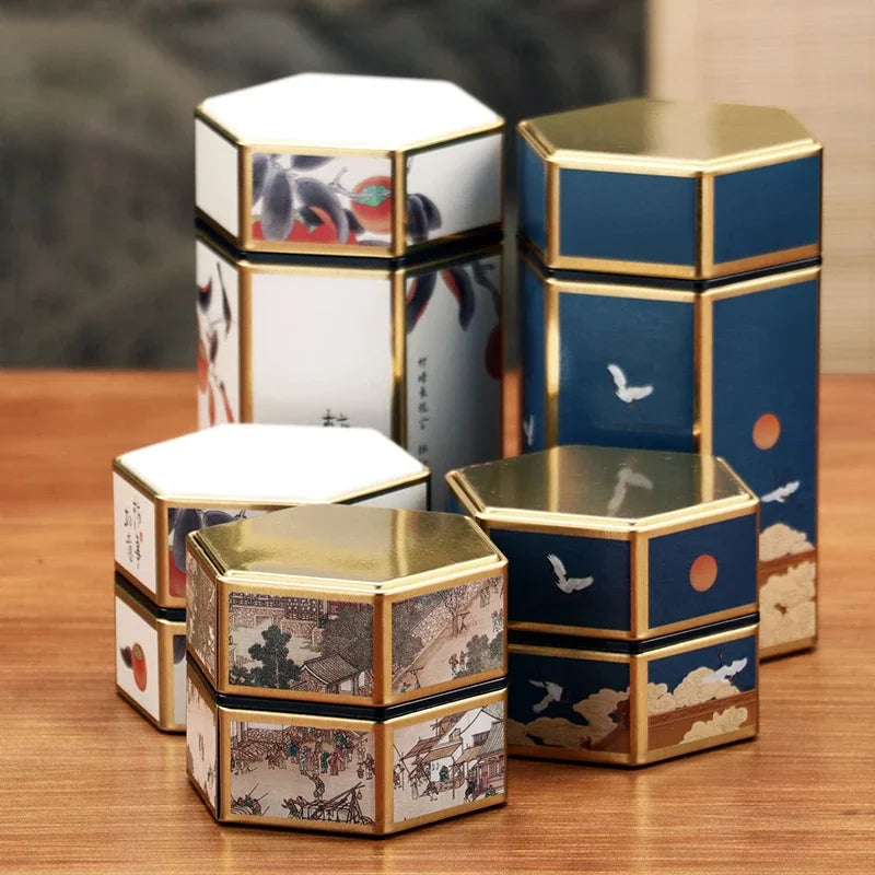 Creative Hexagonal Tea Pot Tin Can Chinese Tinplate Tea Storage Tank Small Sealed Portable Tea Box Empty Can Tea Set Accessories Oasis Select