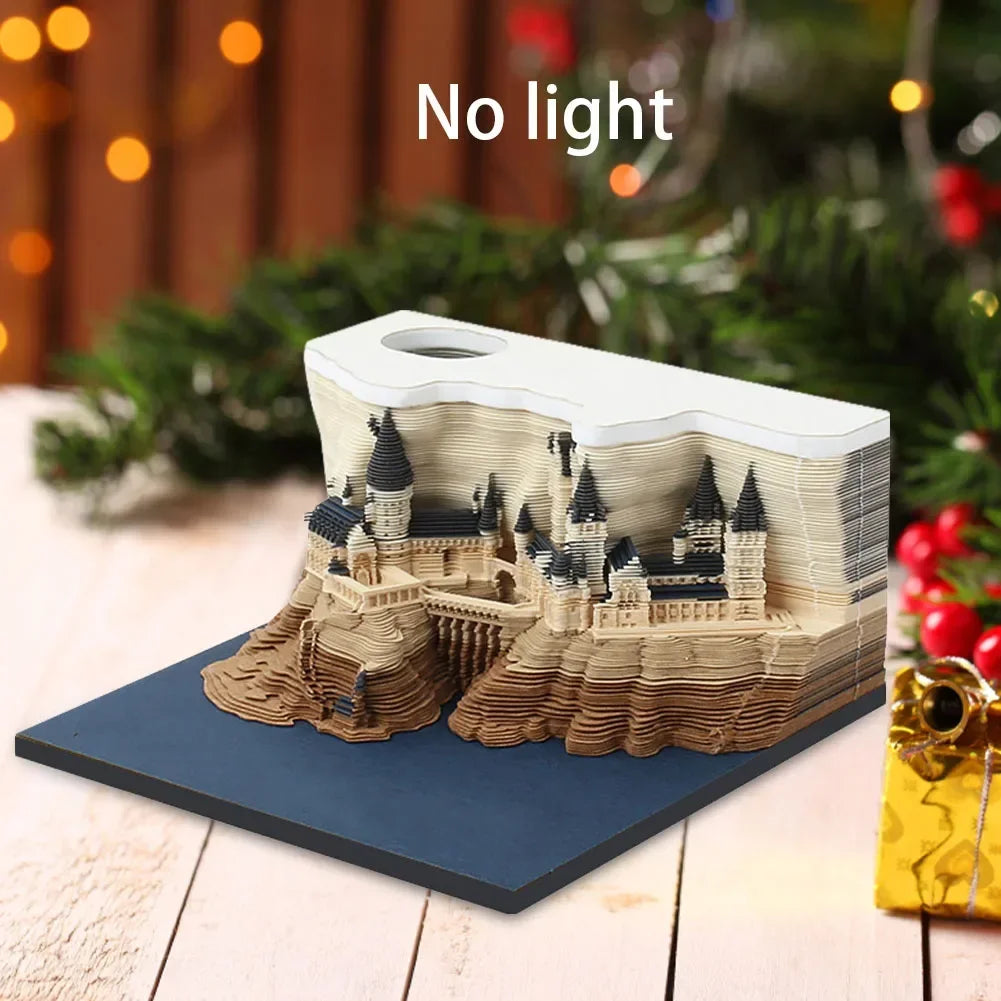 3D 3D Magic Castle Sticky Note Calendar Tearable Paper Sculpture with LED Light Weekly Desk Decor Creative Craft Gift Oasis Select No light