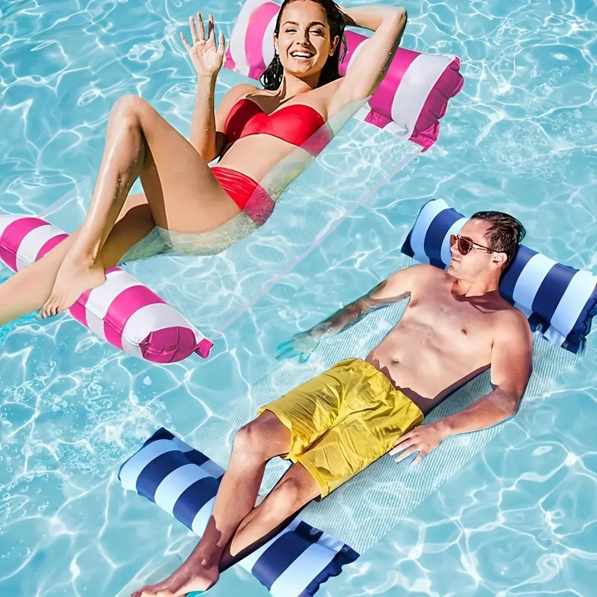Foldable Striped Inflatable Lounge Chair for Swimming Pool Beach Leisure with Net Backrest Portable Floating Bed Oasis Select