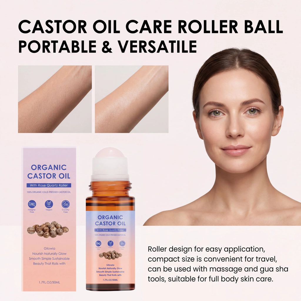 Organic Castor Oil Rose Quartz Roller Ball, 100% Pure Cold-Pressed Hexane-Free, for Body, Eyebrows & Skin Massage Care Oil Oasis Select
