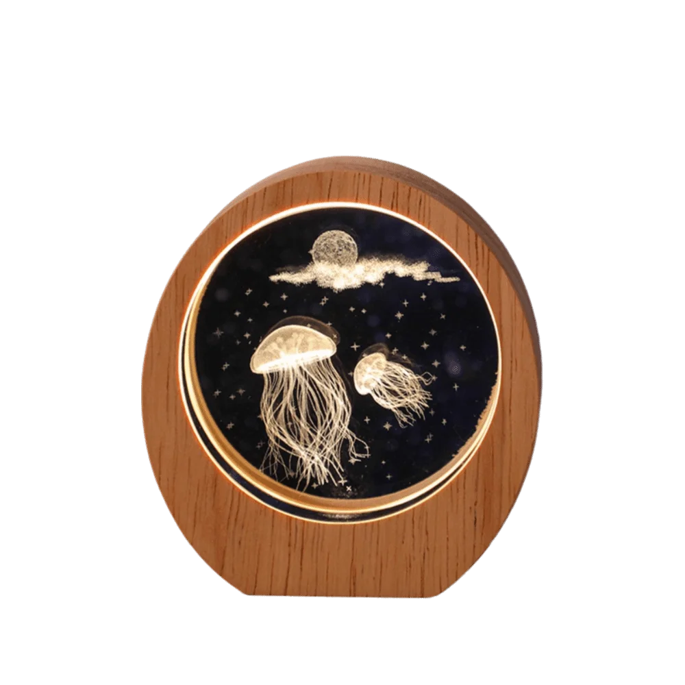 3D Solar System Planet Night Light – Wood Base Crystal Glow