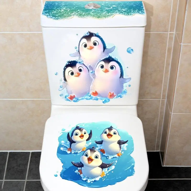 Funny Cute Cartoon Penguin Toilet Decal Stickers Waterproof Self Adhesive Removable for Bathroom Aesthetic Decor Oasis Select