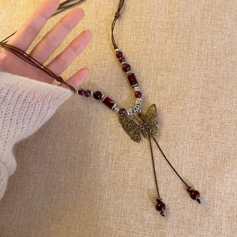Vintage Ceramic Butterfly Pendant Necklace for Women 2025 New Chinese Ethnic Style Long Sweater Chain Necklace Jewelry Accessory Oasis Select 01