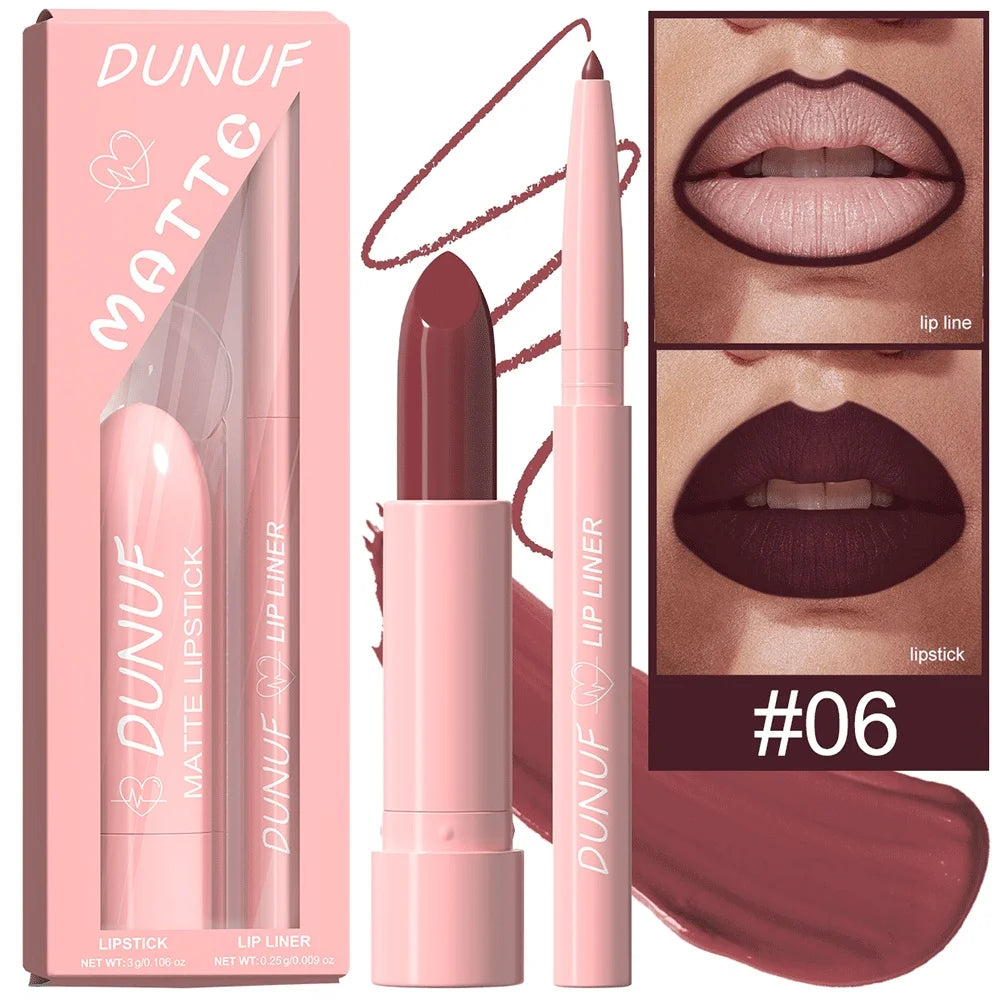 DUNUF 12-Color Matte Lipstick & Lip Liner Set – Waterproof