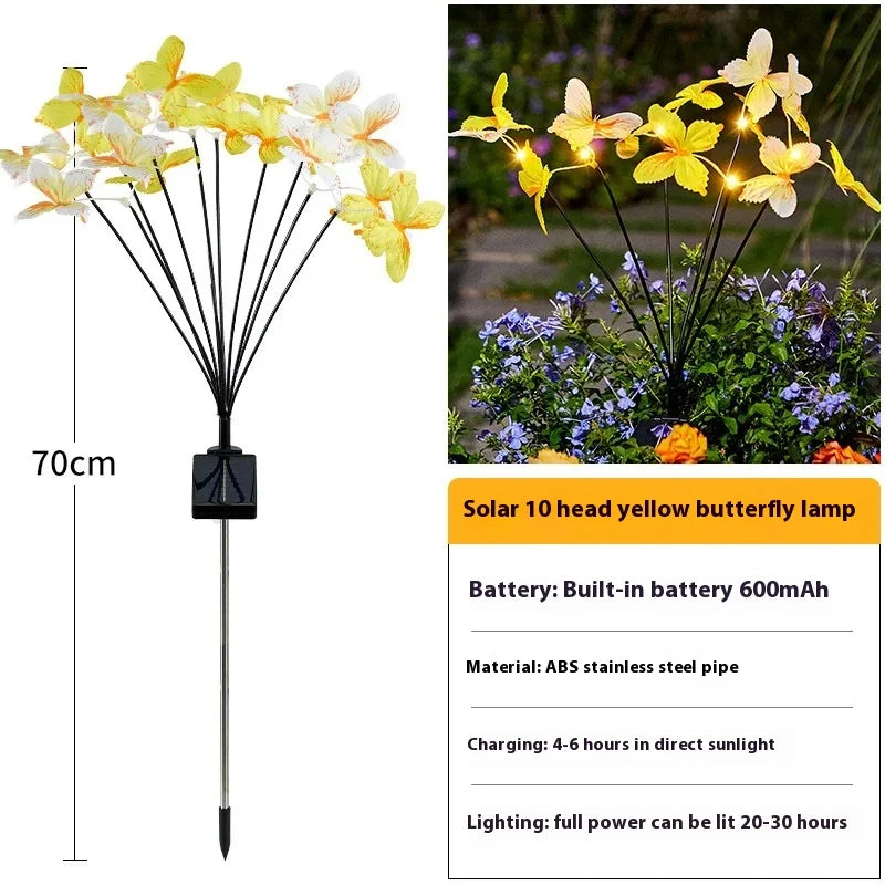 Solar-powered Butterfly Ground Insert Light, Artificial Flower Butterfly Light, Outdoor Waterproof Garden Lawn LED Light Oasis Select 10 heads Yellow