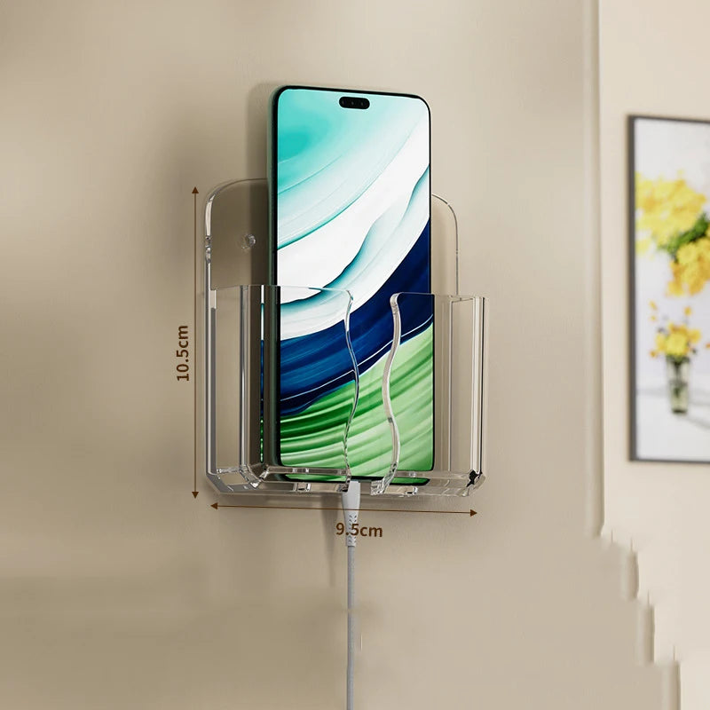 Mobile Phone Wall Holder Universal Cellphone Charge Storage Box Organizer TV Remote Control Hanging Stand Bracket Charging Dock Oasis Select clear