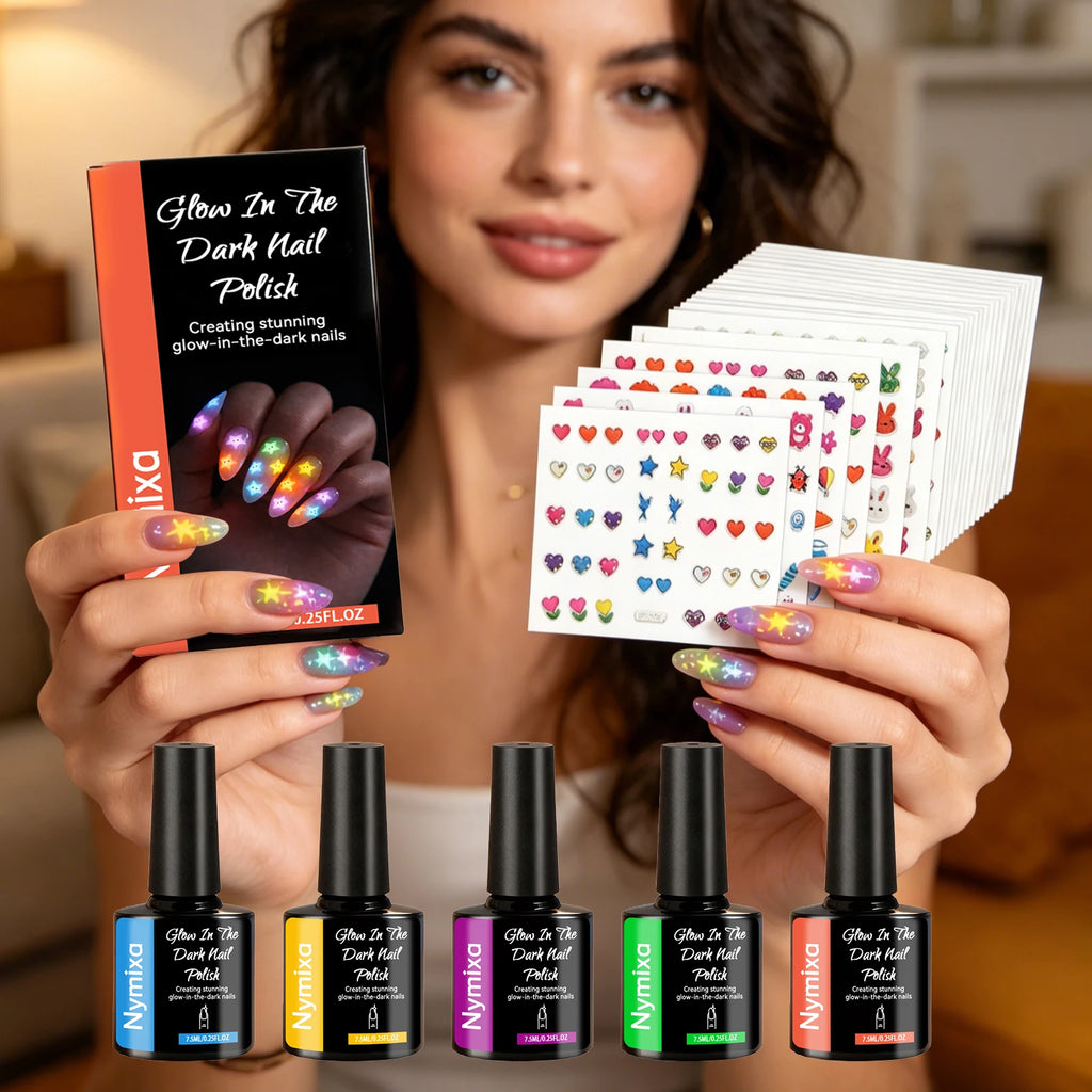 Nymixa Glow In The Dark Nail Polish – 5 Neon Fluorescent Colors Nail Polish Set Oasis Select