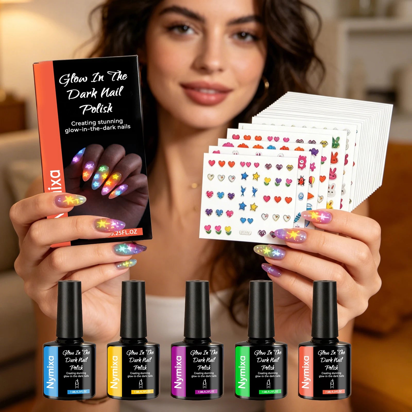 Nymixa Glow In The Dark Nail Polish – 5 Neon Fluorescent Colors Nail Polish Set Oasis Select