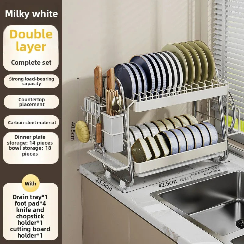Kitchen Bowl Rack Drain Rack Stainless Steel Tableware Plate Storage Shelf Milk White Household Multifunctional Countertop Oasis Select White Double TZ