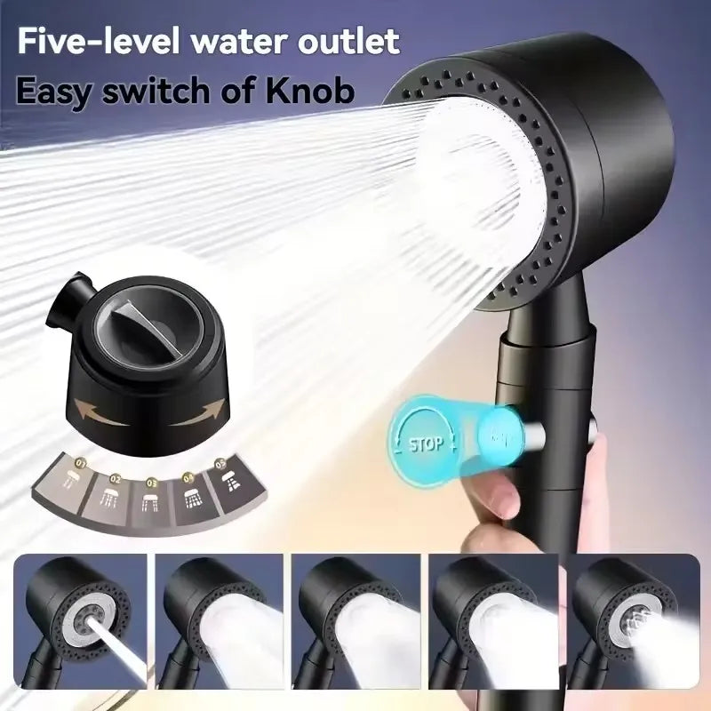 New High Pressure Water Saving Filter Shower Head 5 Modes Handheld Shower Head One Button Stop Bathroom Accessories Set Oasis Select