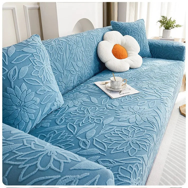 New Jacquard Velvet Elastic Sofa Cover All-season Universal Cat Scratch and Dust-proof Sofa Cover Oasis Select Sky blue 5 people 305-360cm