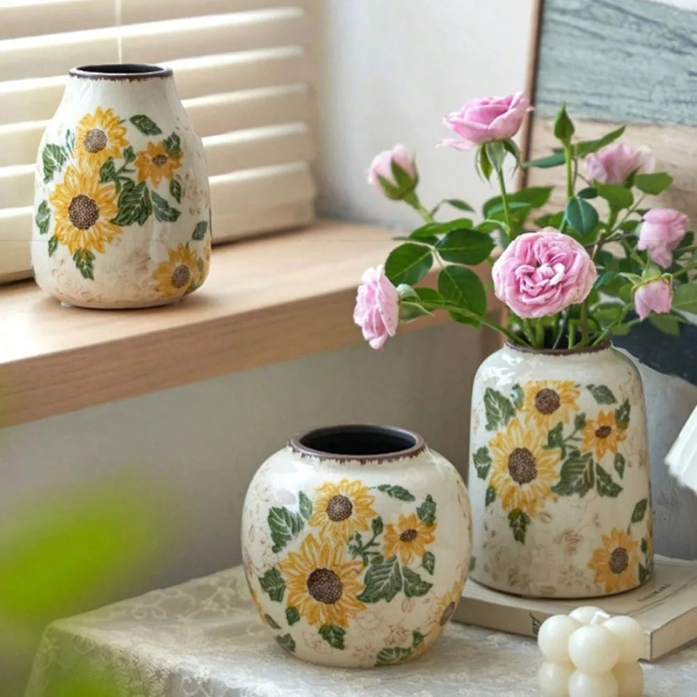 Rustic Style Sunflower Crack Glazed Ceramic Vase Display of Dried Flowers/fresh Flowers Vase Bohemian Home Decor in Living Rooms Oasis Select