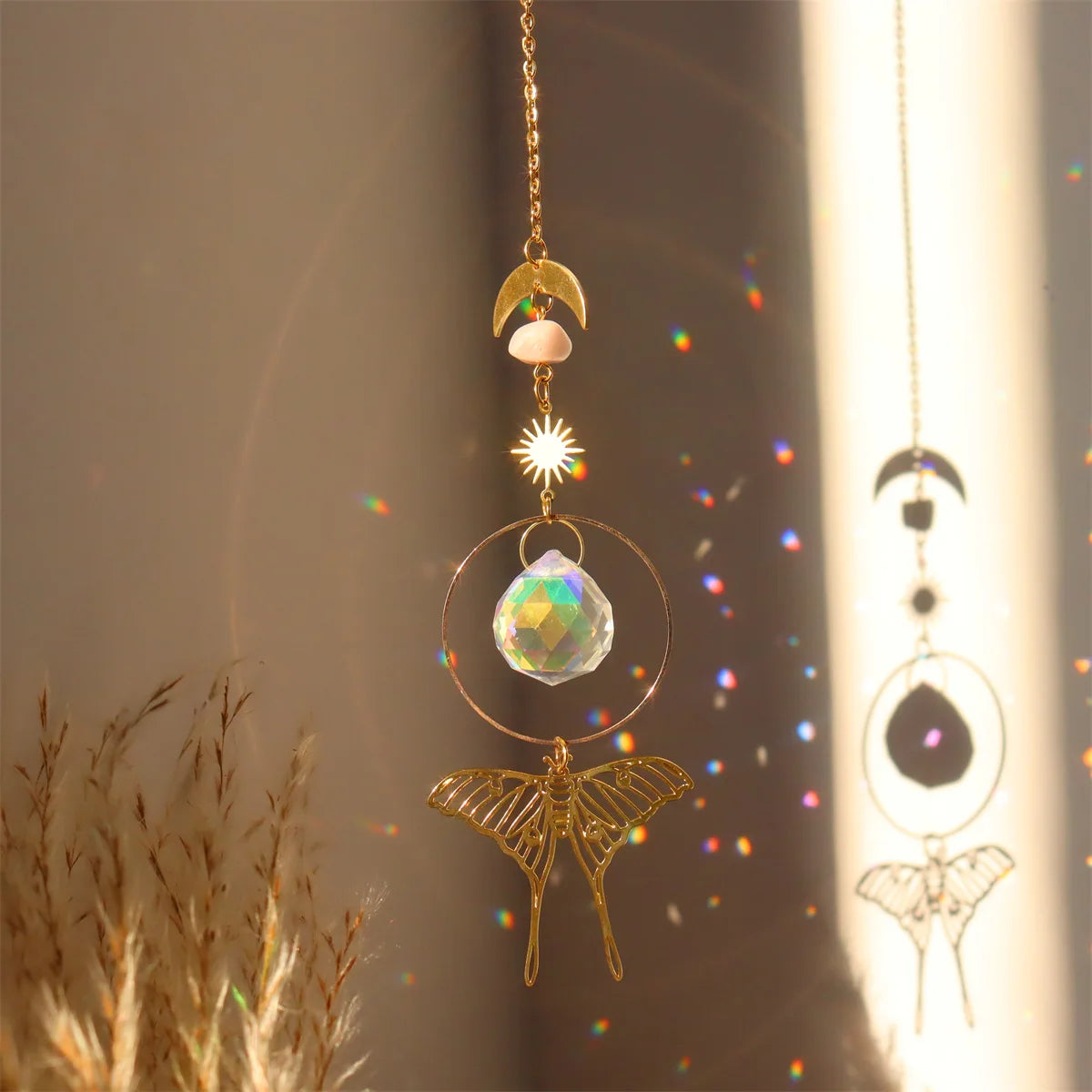 Brass Butterfly Moth Crystal Sun Catcher Pink Crystal Rough Window Room Garden Decor Hanging Ornament New Oasis Select 9